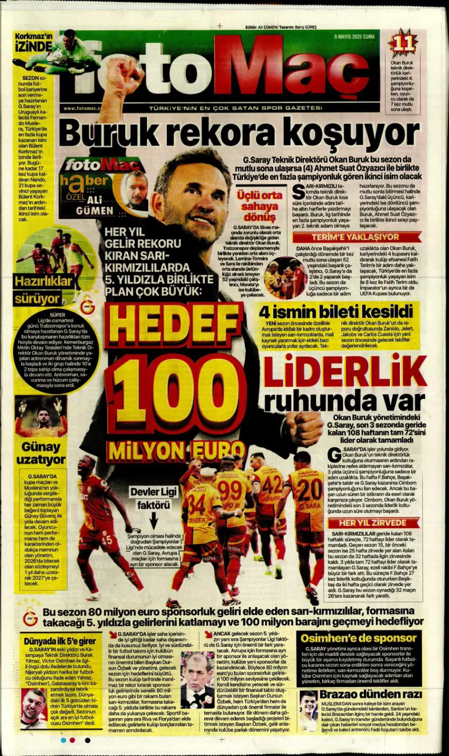 "Galatasaray 10'un peşini bırakmıyor" (9 Mayıs 2025 spor manşetleri) 17