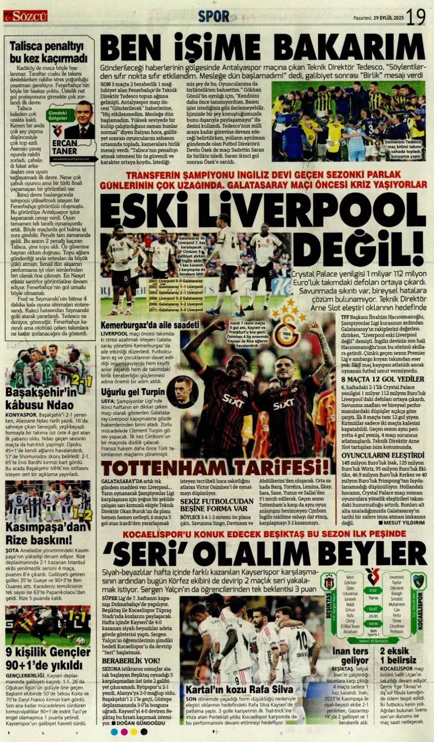 "Hayata dönüş" (29 Eylül 2025 spor manşetleri) 19