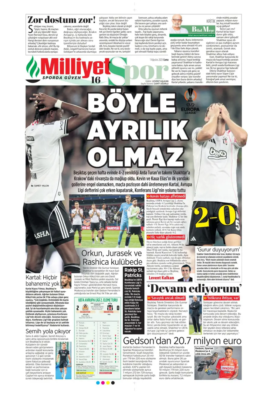 "Her yer karanlık" (1 Ağustos 2025 spor manşetleri) 12