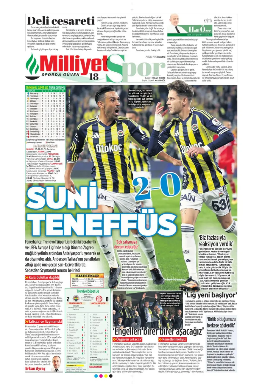 "Hayata dönüş" (29 Eylül 2025 spor manşetleri) 11