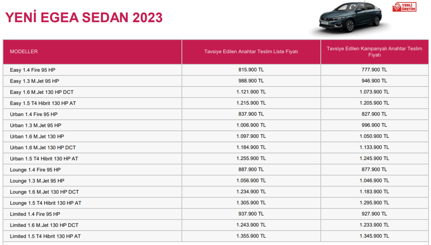 FİAT EGEA SEDAN KASIM AYI FİYAT LİSTESİ 60