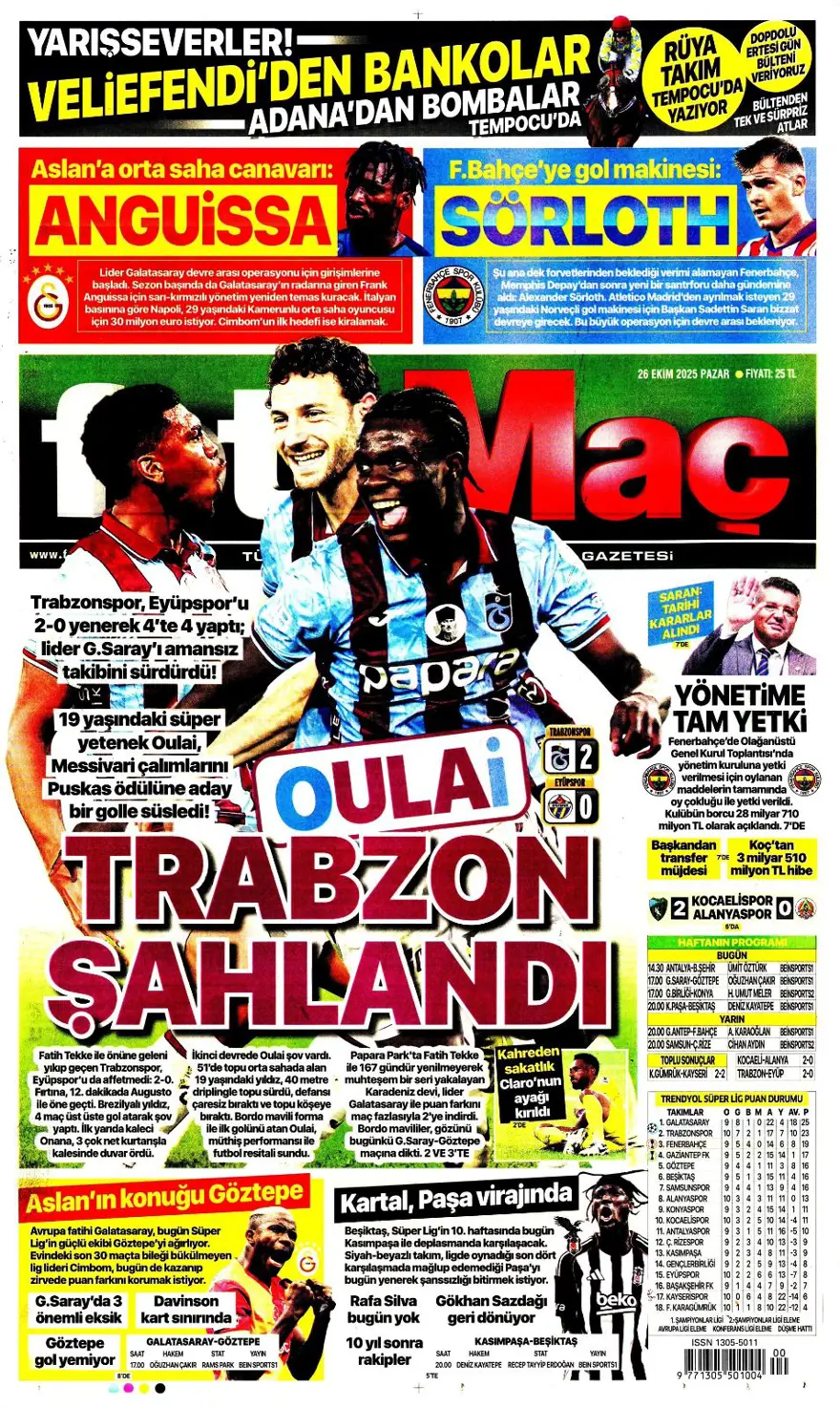 "Dörtlüleri yaktı, Aslan'ı bekliyor" (26 Ekim 2025 spor manşetleri) 4