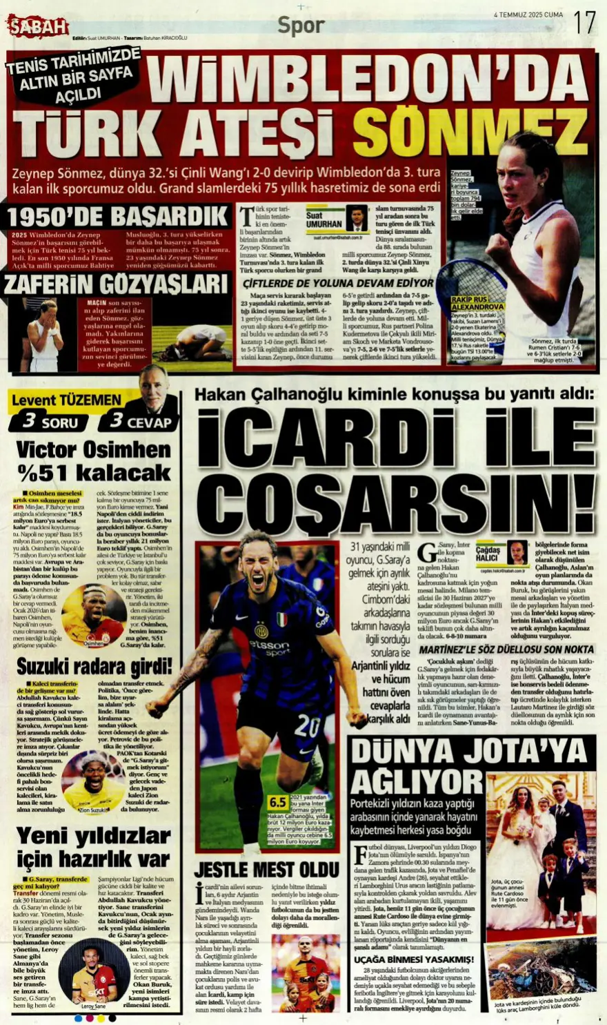 "Kale artık İrfan Can'ın" (4 Temmuz 2025 spor manşetleri) 13