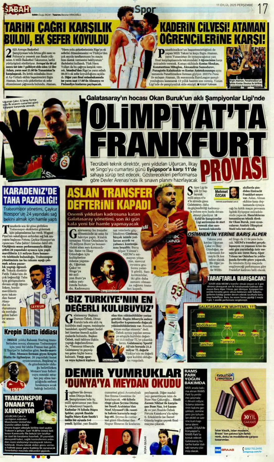 "Aslan'a yeni Mertens" (11 Eylül spor manşetleri) 17