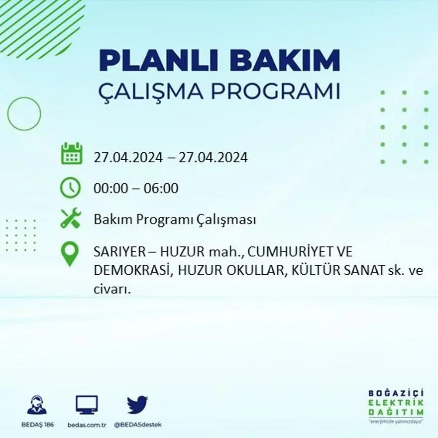 İstanbul'un 20 ilçesinde elektrik kesintisi: Elektrikler ne zaman gelecek? (27 Nisan tarihli BEDAŞ kesinti programı) 53 İstanbul'un 20 ilçesinde elektrik kesintisi: Elektrikler ne zaman gelecek? (27 Nisan tarihli BEDAŞ kesinti programı) 53