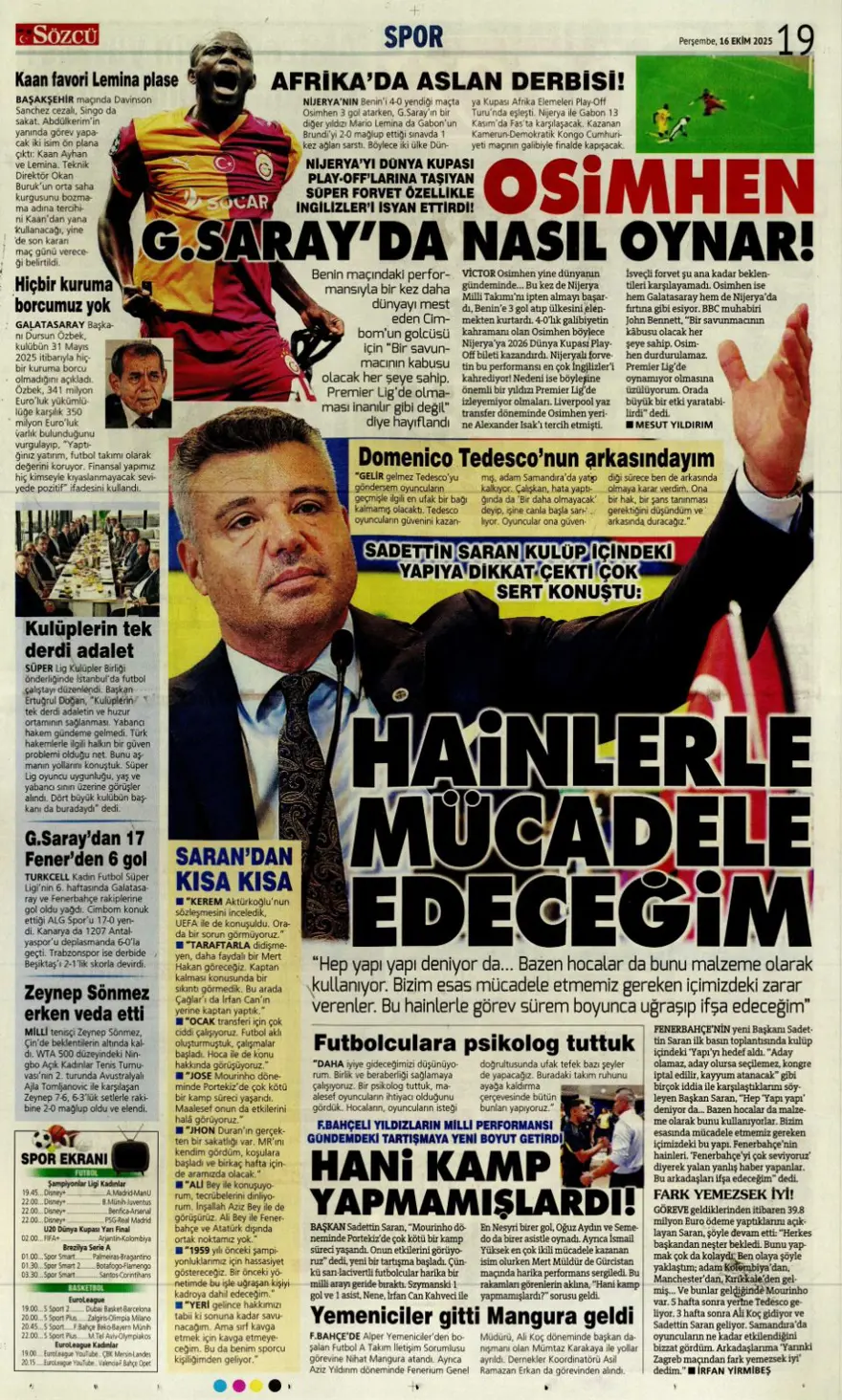 "İrfan Can bombası" (16 Ekim 2025 spor manşetleri) 15