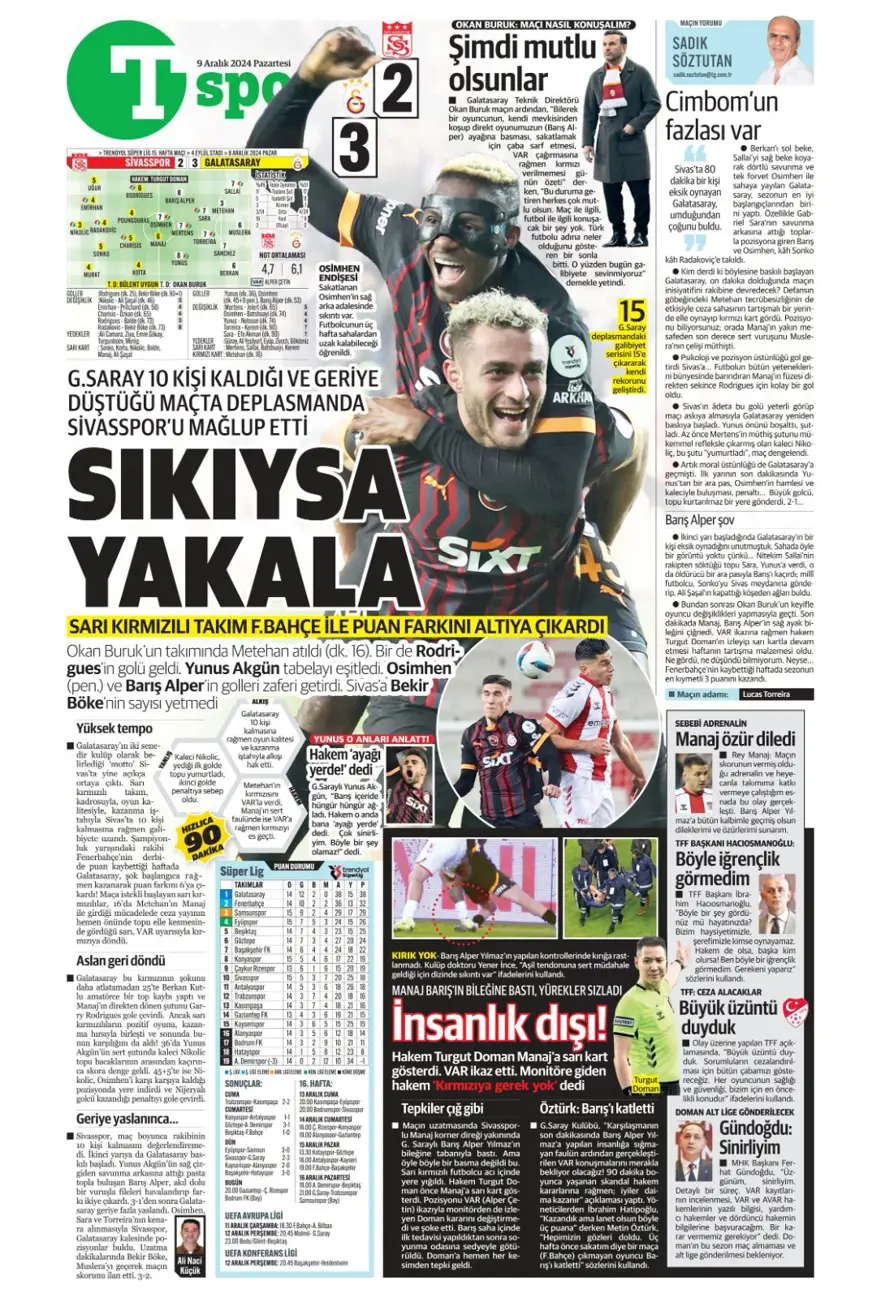 "Bayram yarım kaldı" (9 Aralık 2024 spor manşetleri) 14