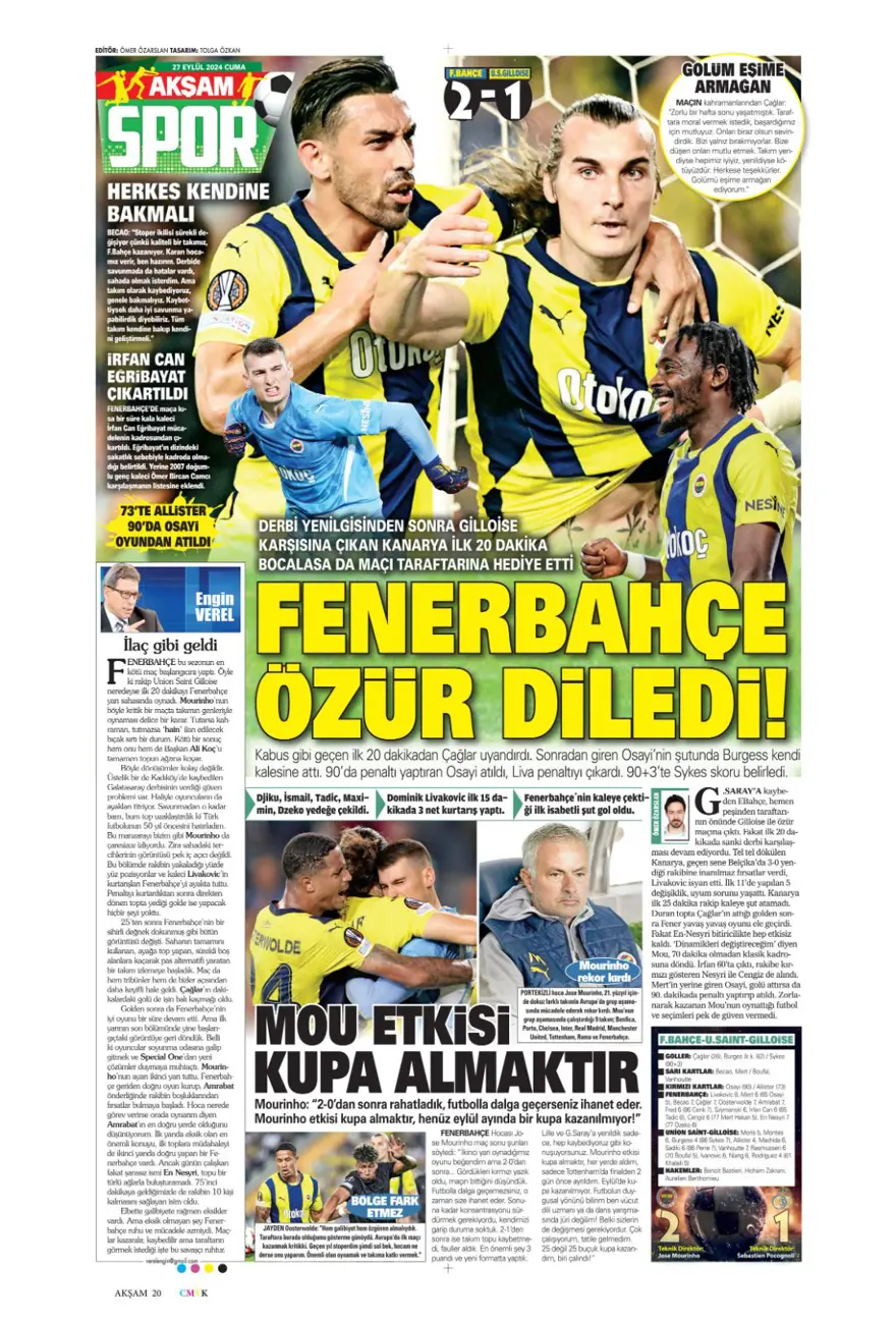 "Fener'de pansuman, Kartal darmadağın" (27 Eylül 2024 spor manşetleri) 