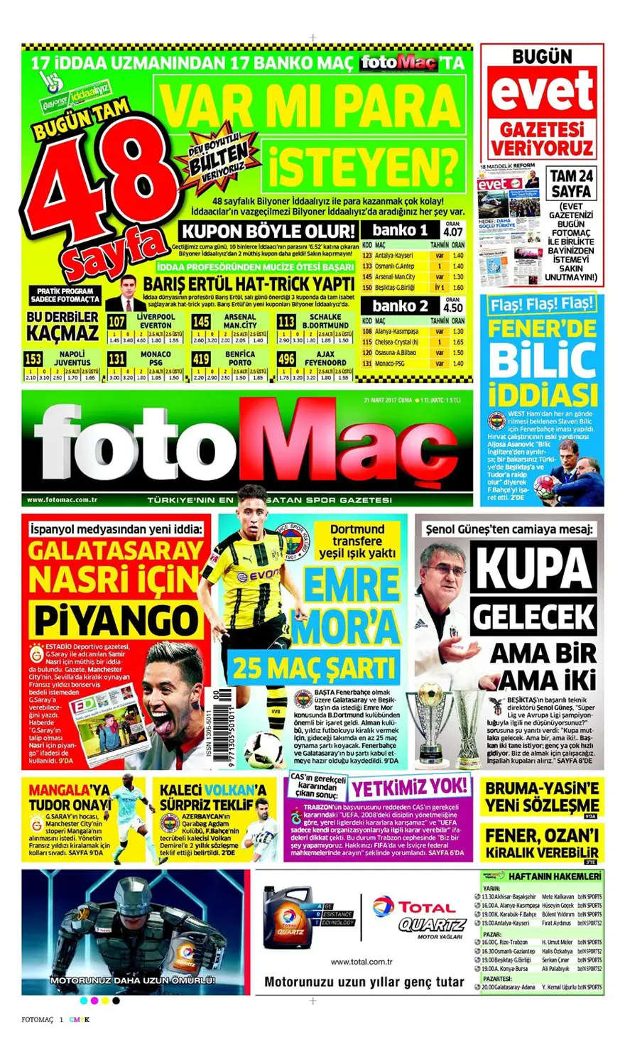 Günün spor manşetleri (31 Mart 2017) 8