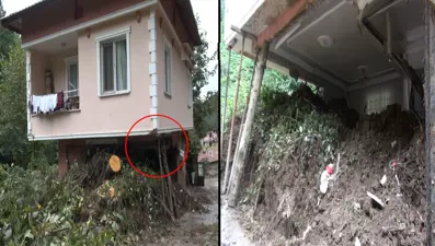 Heyelanda zemin katı yıkılan eve odunlu önlem