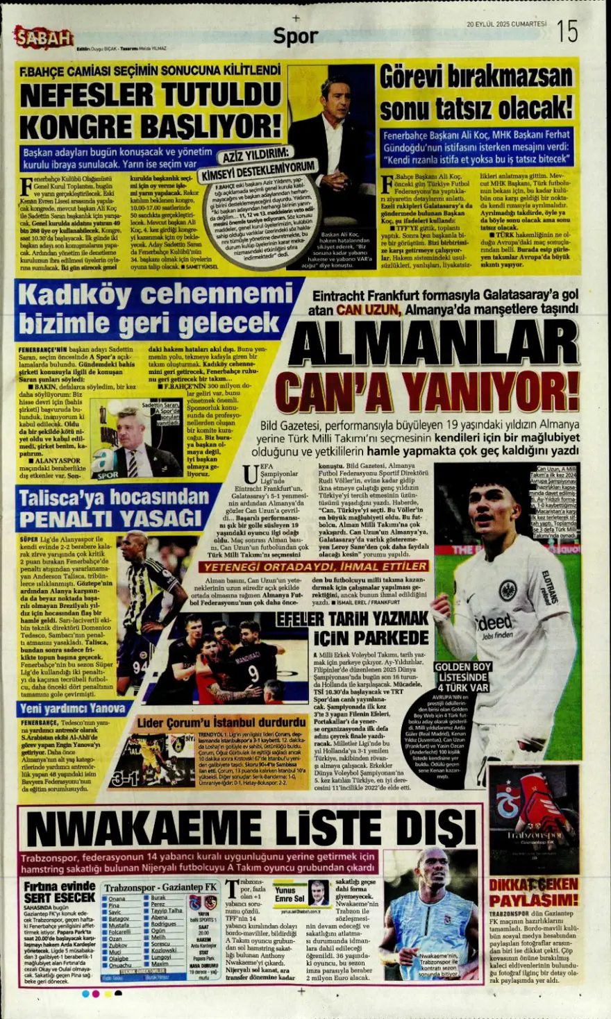 "Kartal yoğun bakımda" (20 Eylül spor manşetleri) 18