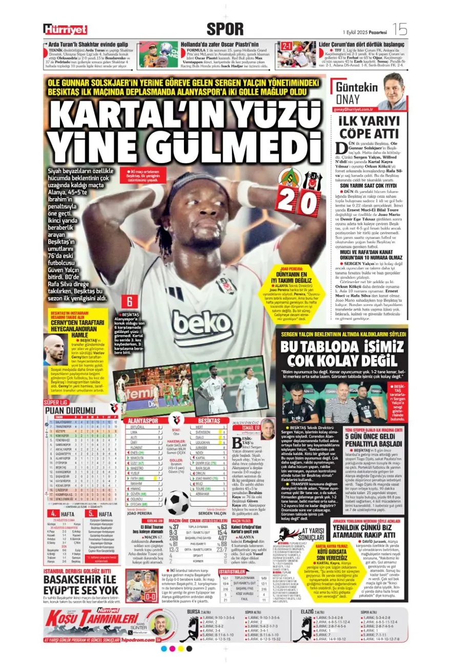 "Acıların takımı" (1 Eylül spor manşetleri) 6
