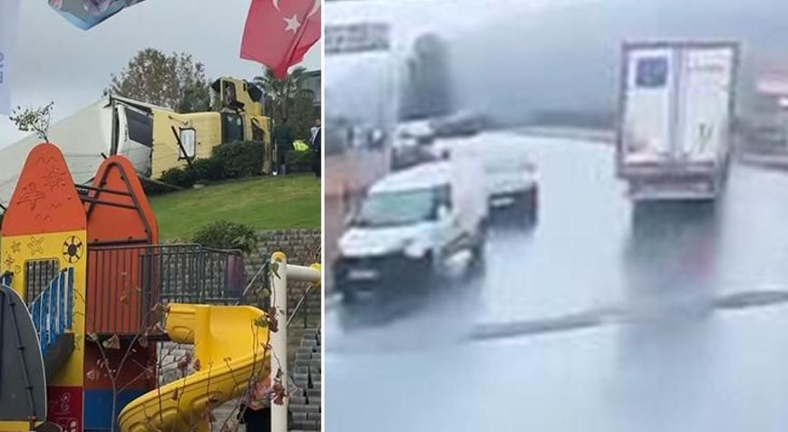 Sarıyer'de TIR devrildi: Çocuk parkında faciadan dönüldü