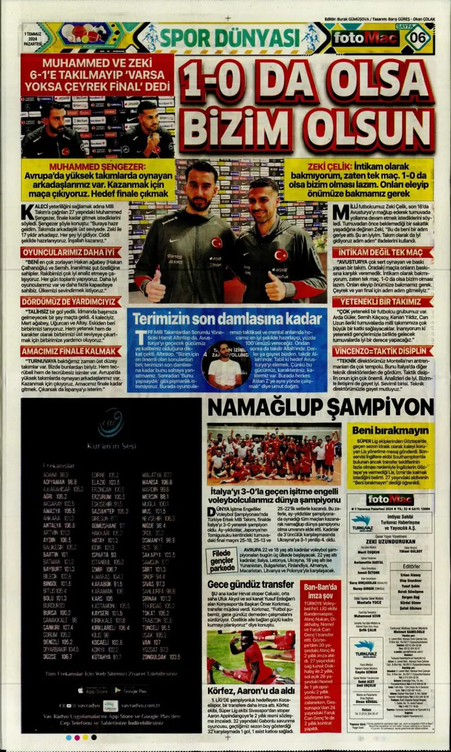 "Türkiye intikam için hevesli" (1 Temmuz 2024 spor manşetleri) 7