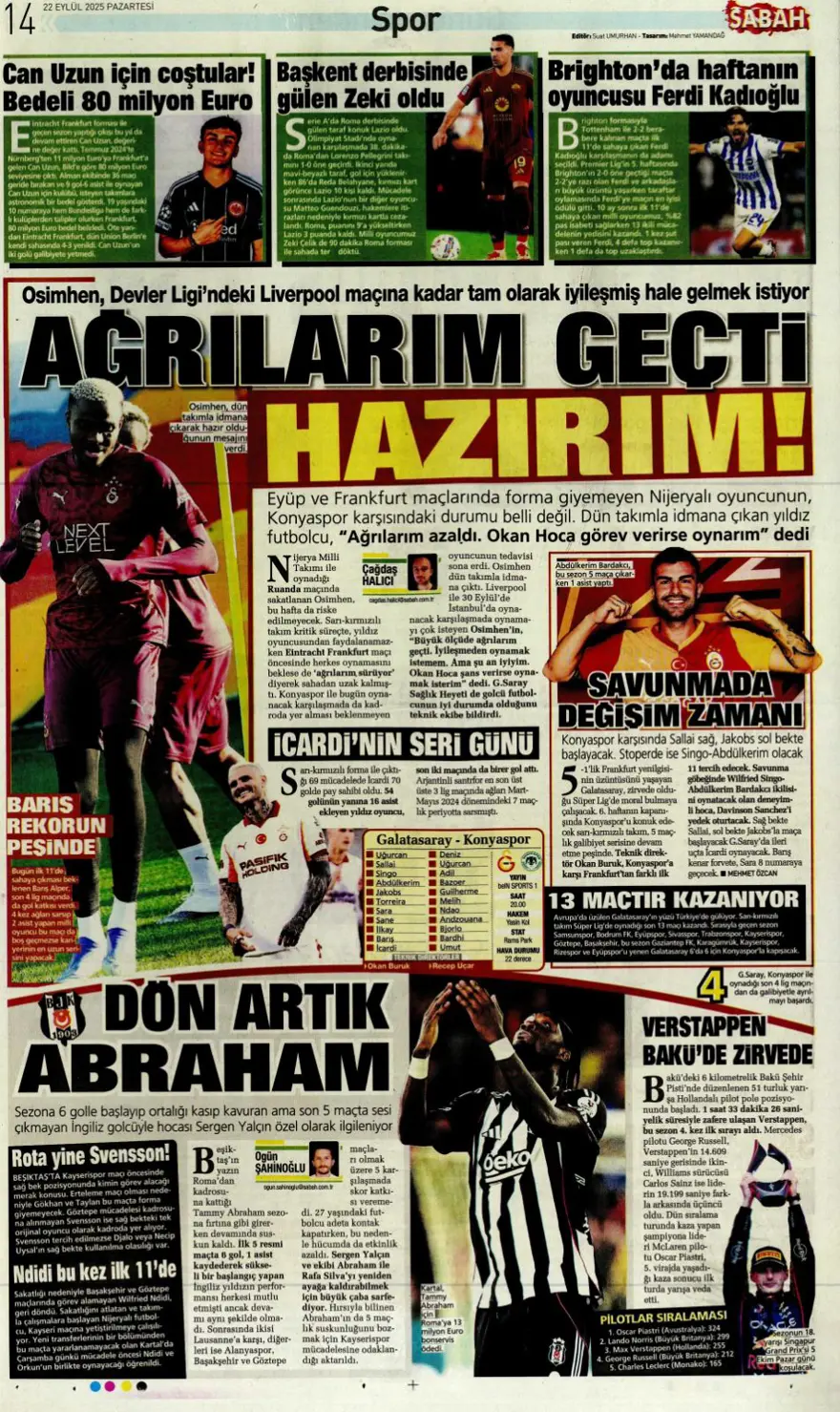 "Başkanı değişti, kaderi değişmedi" (22 Eylül spor manşetleri) 20