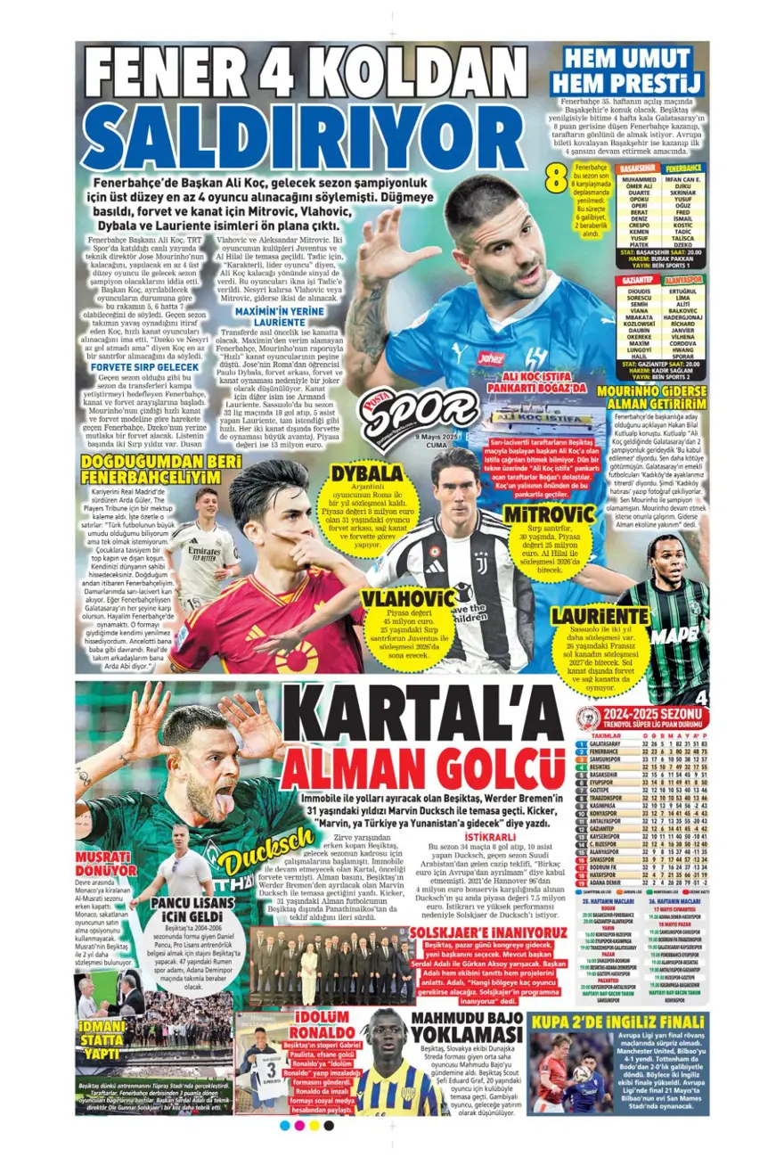 "Galatasaray 10'un peşini bırakmıyor" (9 Mayıs 2025 spor manşetleri) 23