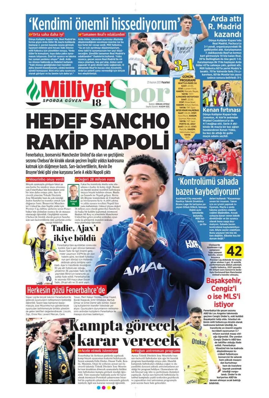 "Hedef Sancho, rakip Napoli" (23 Haziran 2025 spor manşetleri) 8