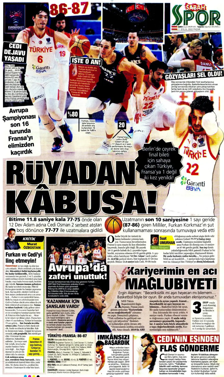 Günün spor manşetleri (11 Eylül 2022) 11