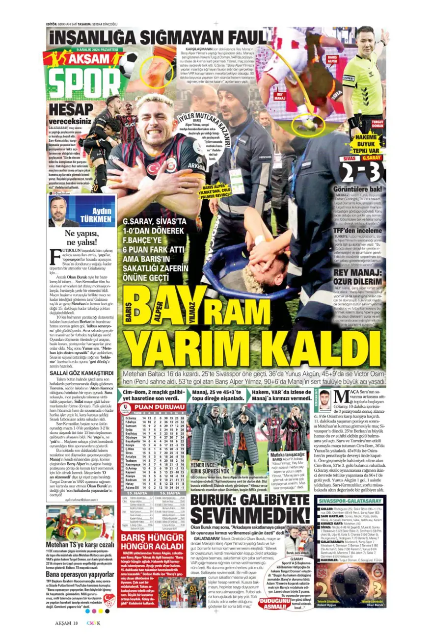 "Bayram yarım kaldı" (9 Aralık 2024 spor manşetleri) 