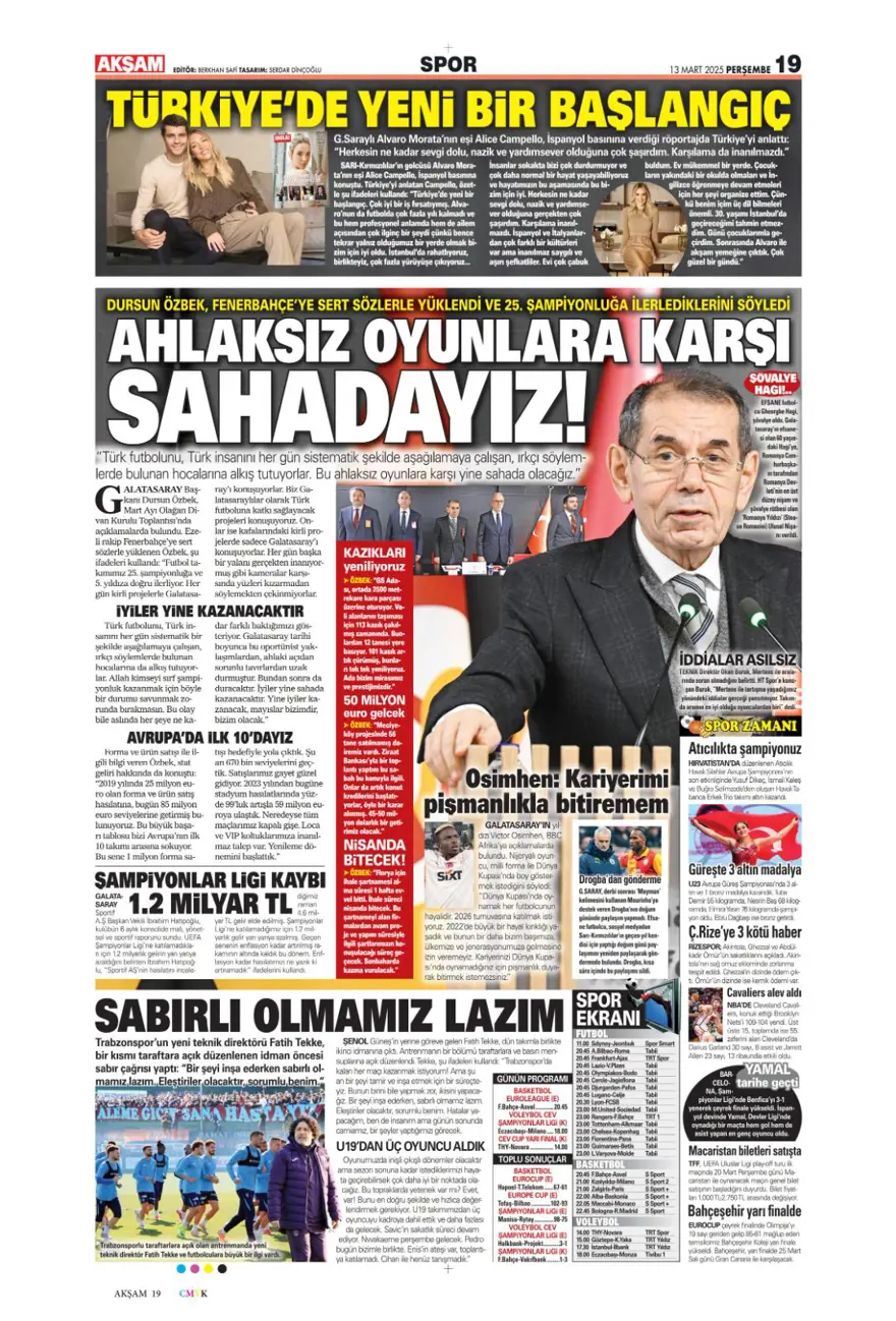 "Haydi Fener turla gel" (13 Mart 2025 spor manşetleri) 4