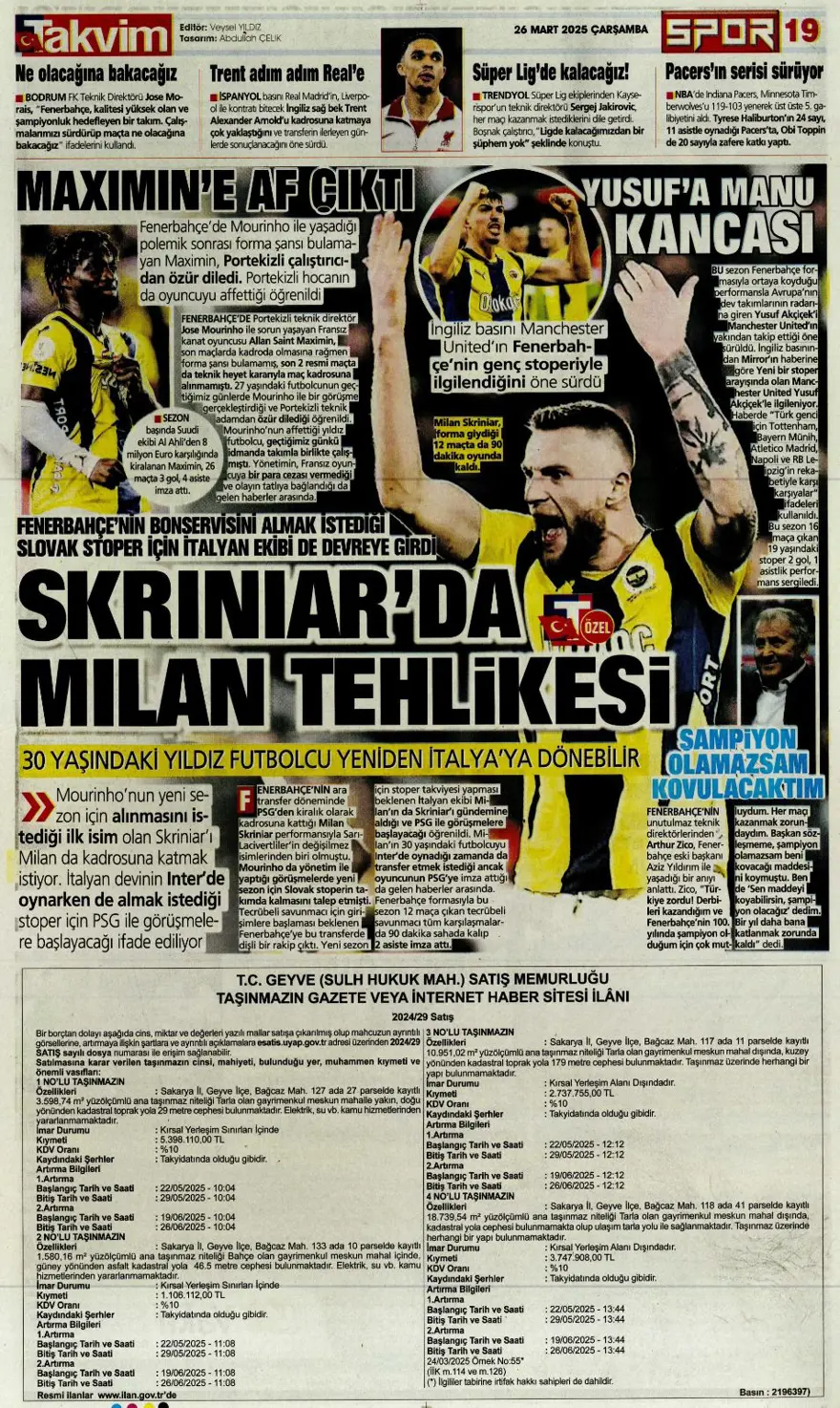 "Mourinho, Sancho'yu istedi" (26 Mart 2025 spor manşetleri) 12