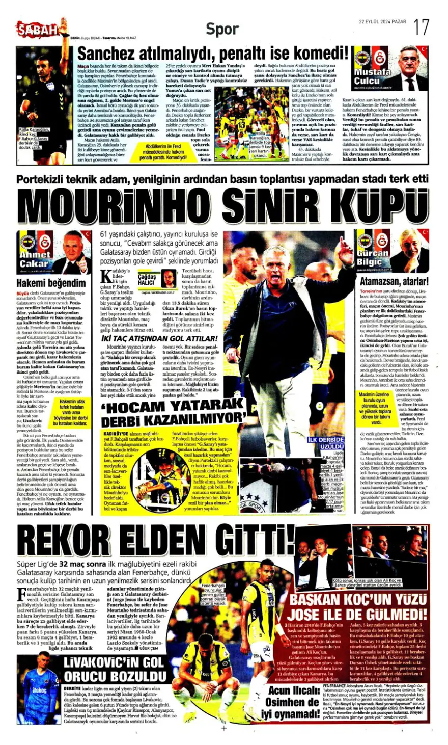 "Kadıköy Aslan'ı Galatasaray" (22 Eylül 2024 spor manşetleri) 23