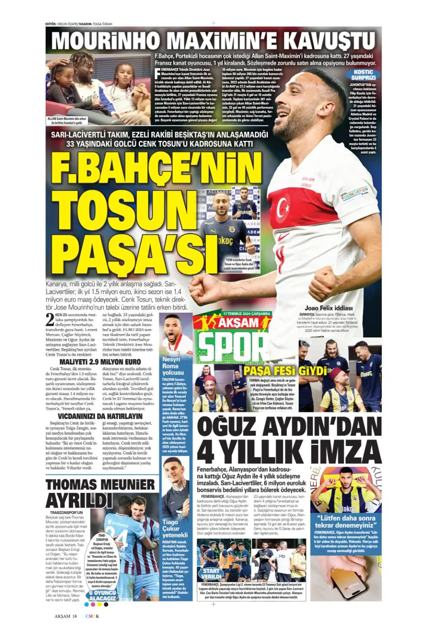 "Son aday Jelert" (17 Temmuz 2024 spor manşetleri) 1