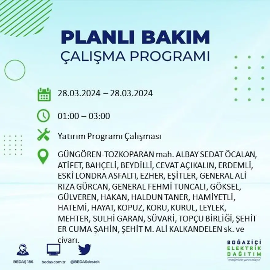 İstanbul'un 19 ilçesinde elektrik kesintisi: Elektrikler ne zaman gelecek? (28 Mart tarihli BEDAŞ kesinti programı) 31