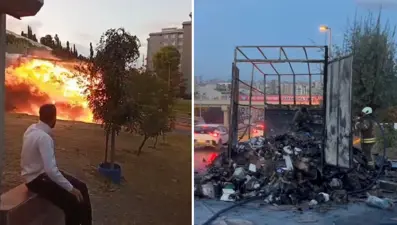 Yanan kamyoneti çaresiz gözlerle izledi