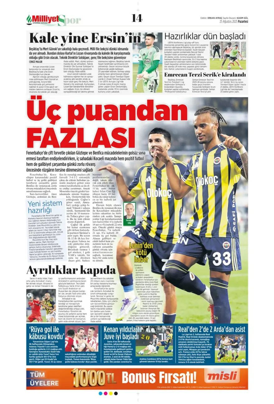 "3 puandan fazlası" (25 Ağustos spor manşetleri) 10