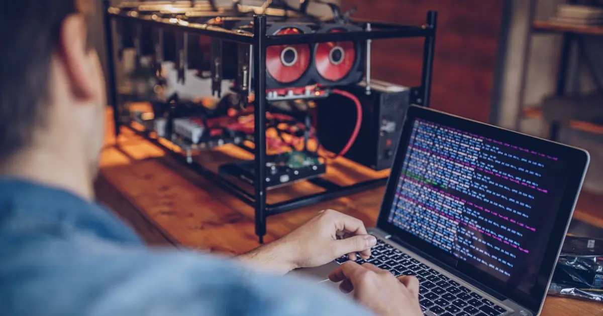 мужчина проверяет показатели майнинга на ноутбуке