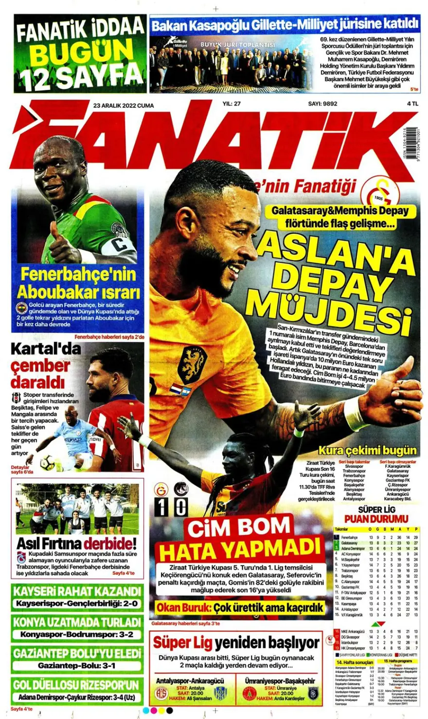 Günün spor manşetleri (23 Aralık 2022) 25