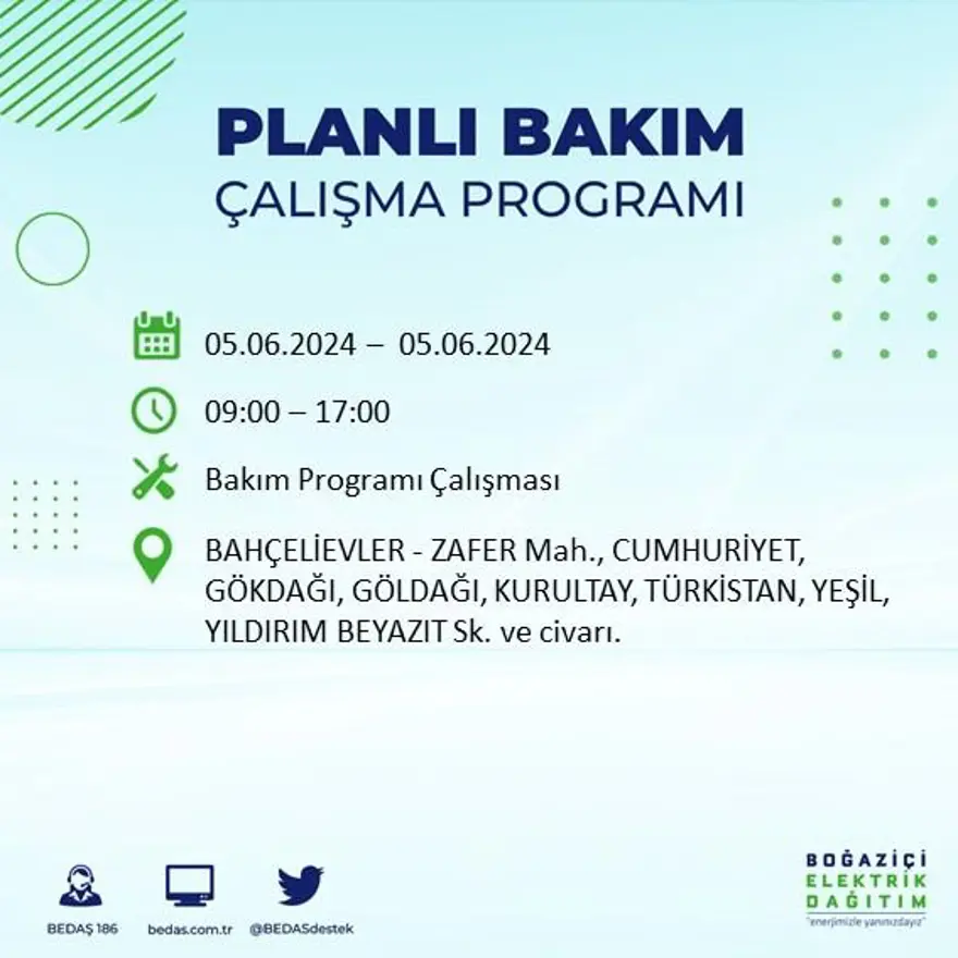 İstanbul'un 19 ilçesinde elektrik kesintisi: Elektrikler ne zaman gelecek? (5 Haziran BEDAŞ kesinti programı) 5 İstanbul'un 19 ilçesinde elektrik kesintisi: Elektrikler ne zaman gelecek? (5 Haziran BEDAŞ kesinti programı) 5