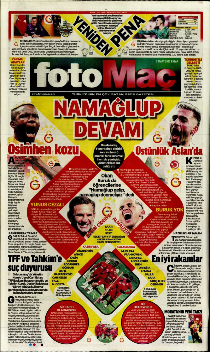 "Süper Lig'de pazar ateşi" (2 Mart 2025 spor manşetleri) 4