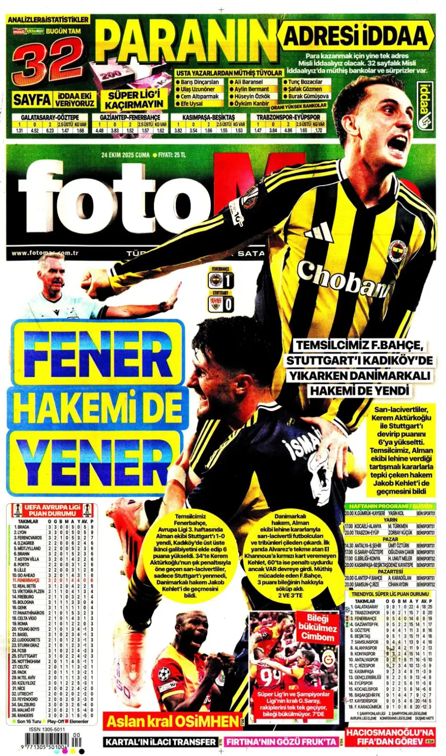 "Kadıköy canavarı" (24 Ekim 2025 spor manşetleri) 7