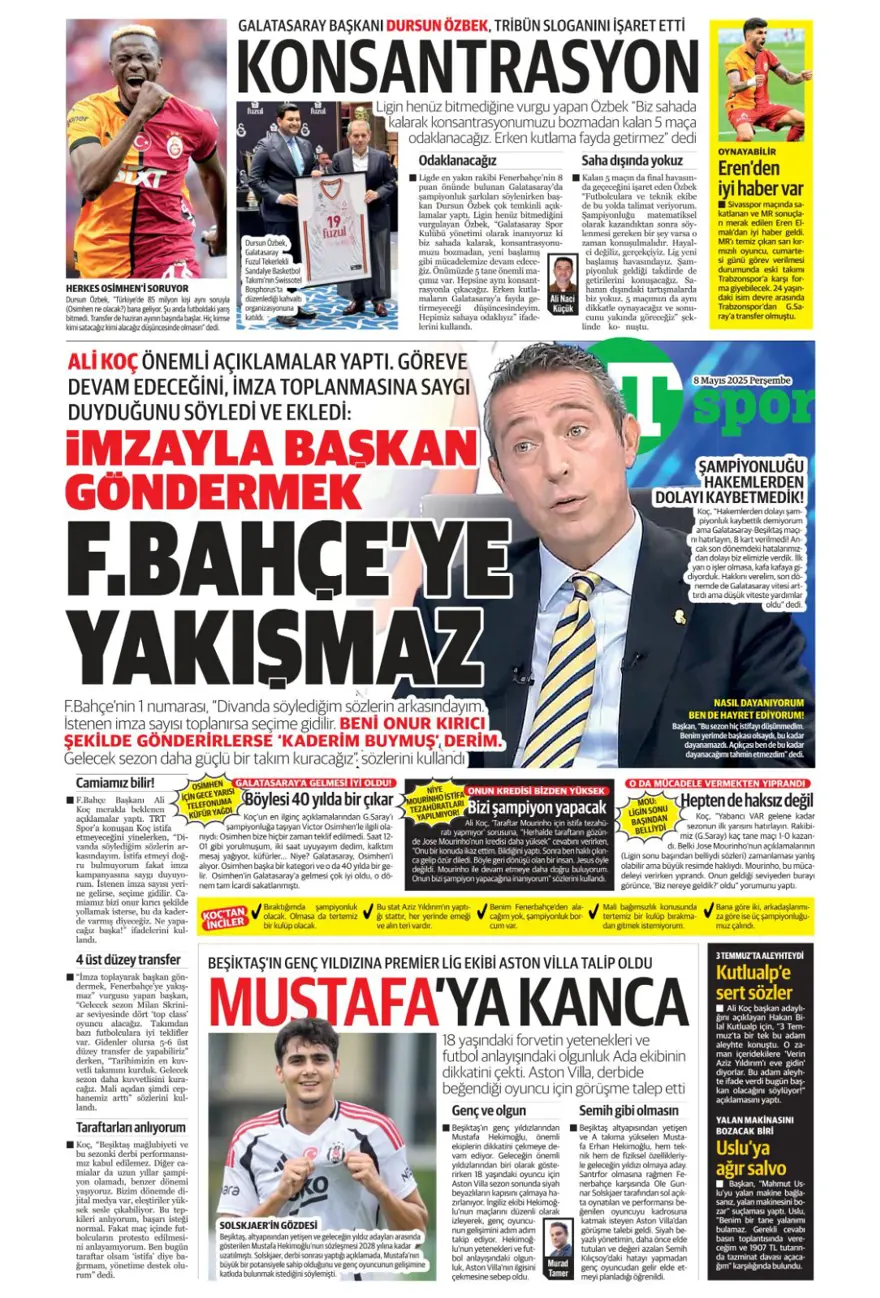 "Alacağım yok, borcum var" (8 Mayıs 2025 spor manşetleri) 1