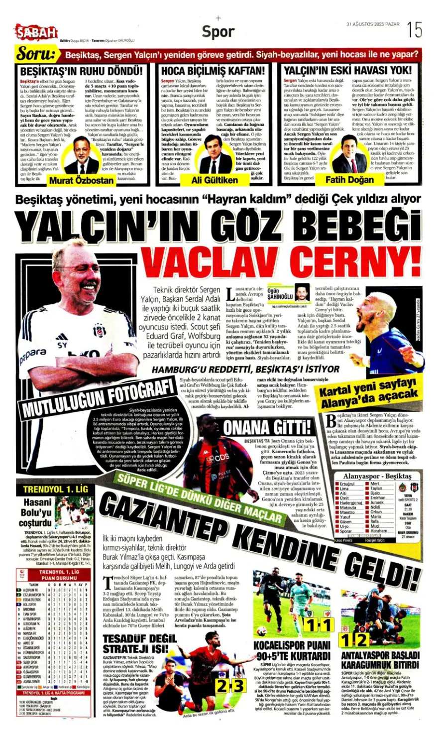 "Ya Kartal ya Schmidt" (31 Ağustos spor manşetleri) 14