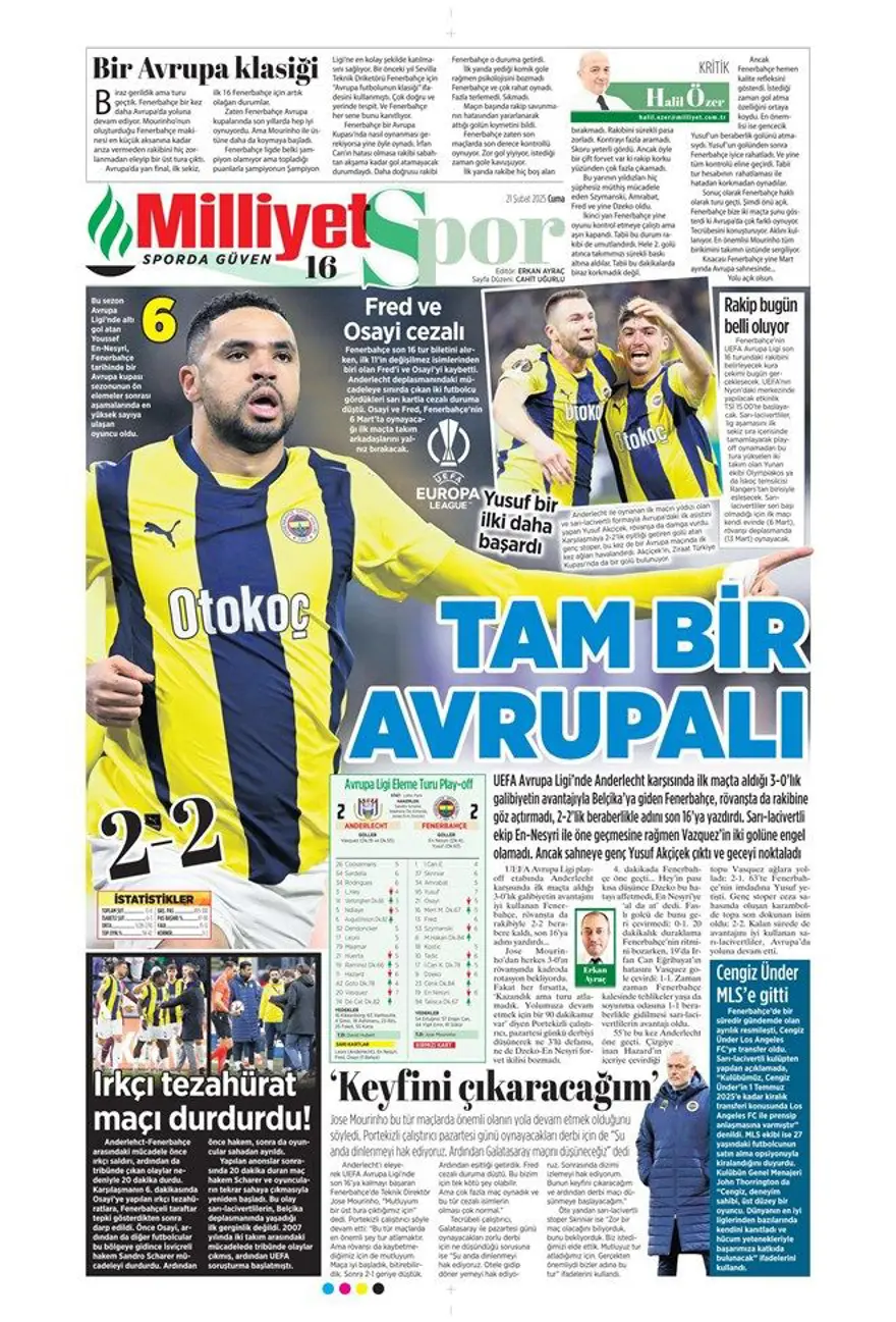 "Fener işi bitirdi" (21 Şubat 2025 spor manşetleri) 12