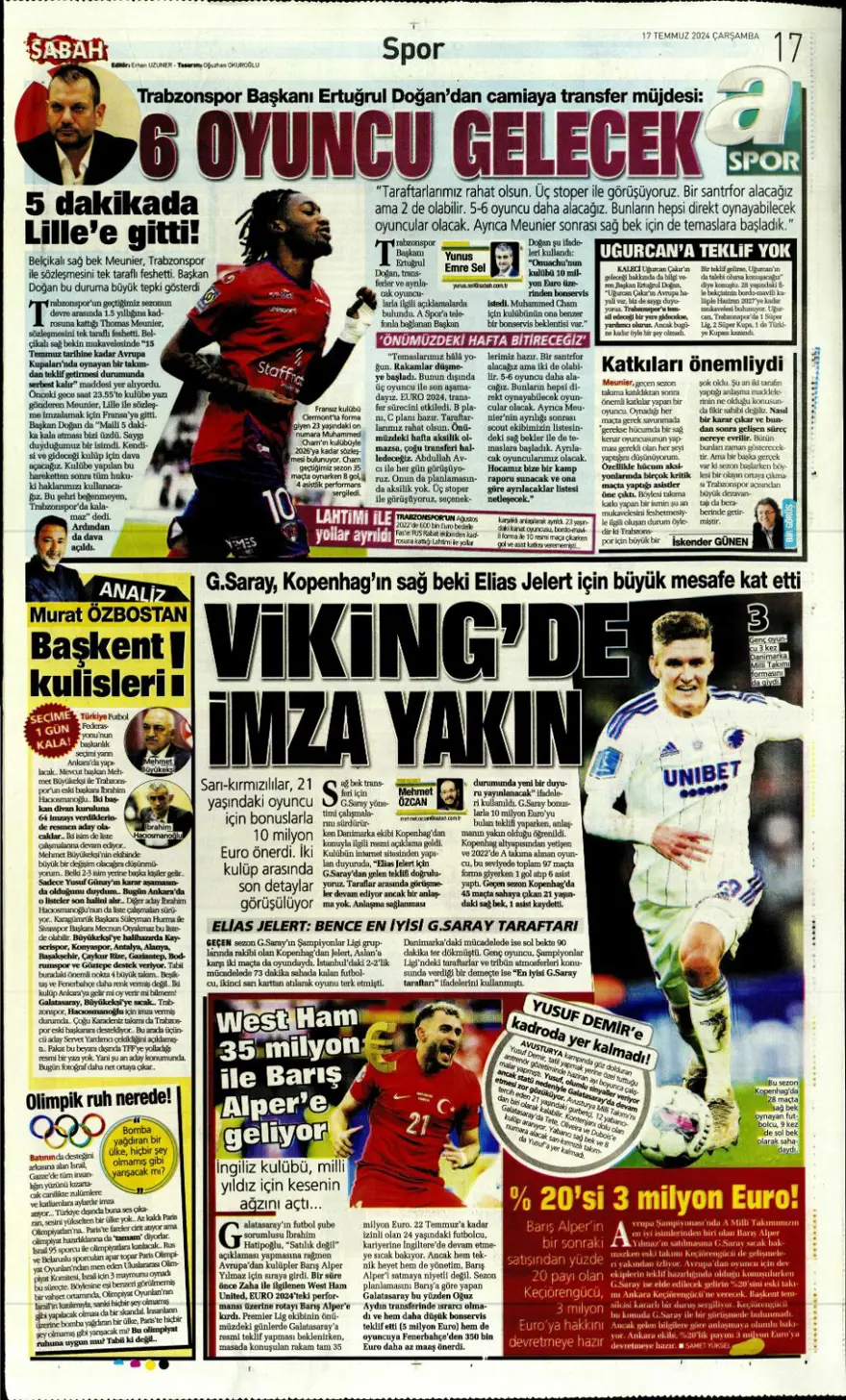 "Son aday Jelert" (17 Temmuz 2024 spor manşetleri) 8
