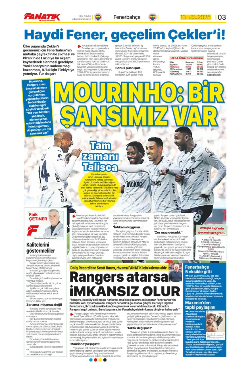 "Haydi Fener turla gel" (13 Mart 2025 spor manşetleri) 7
