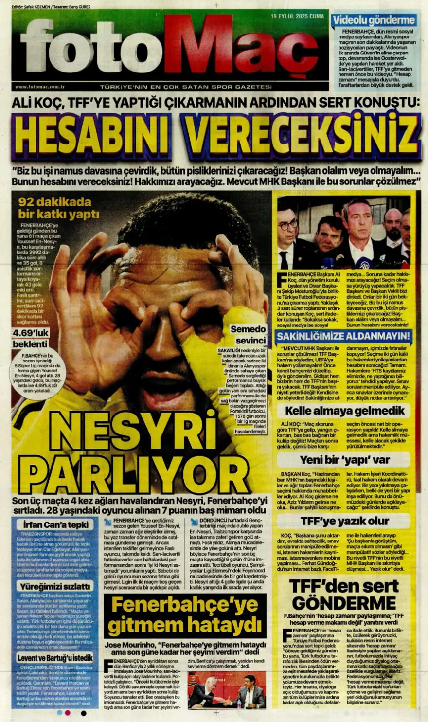 "Kabus gibi başlangıç" (19 Eylül spor manşetleri) 9