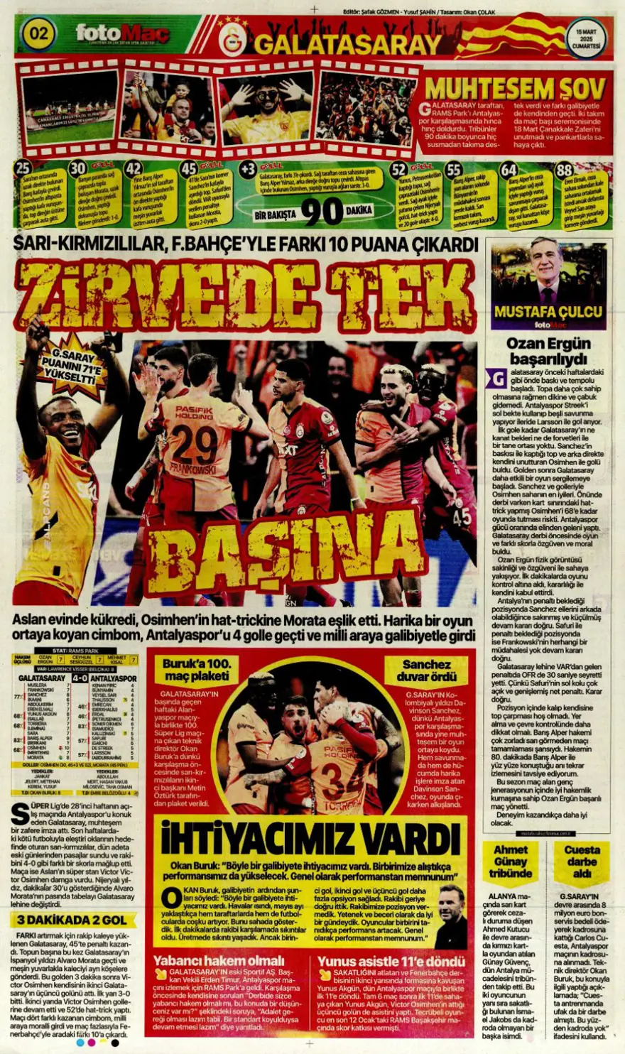 "Zirvede tek başına" (15 Mart 2025 spor manşetleri) 