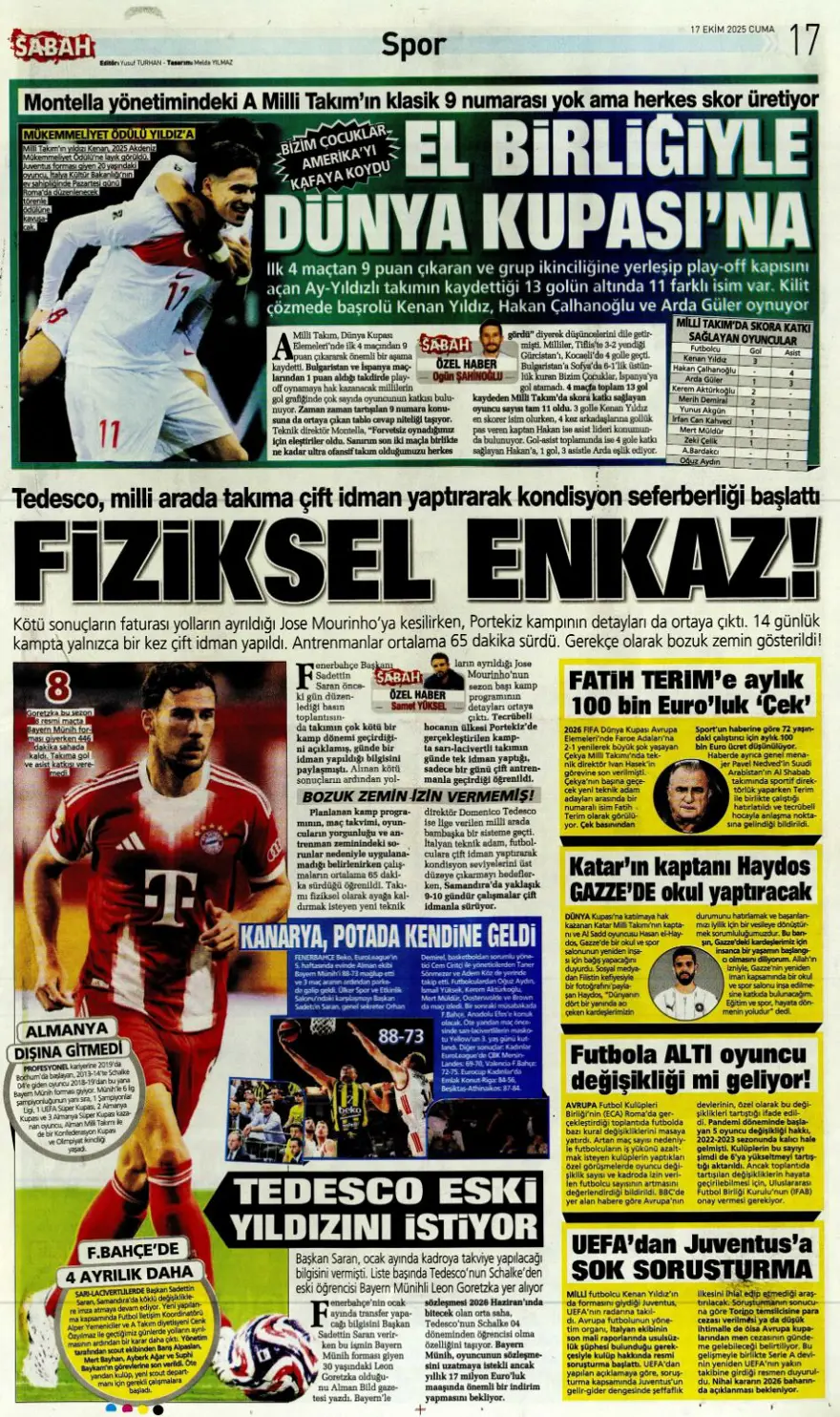 "Savic derbisi" (17 Ekim 2025 spor manşetleri) 14