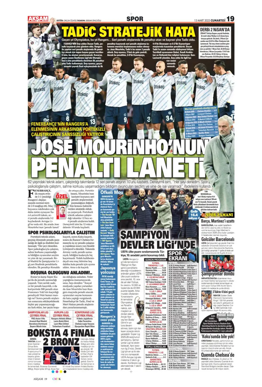 "Zirvede tek başına" (15 Mart 2025 spor manşetleri) 2