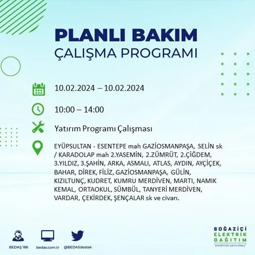 İstanbul'un 17 ilçesinde elektrik kesintisi yaşanacak: Elektrikler ne zaman gelecek? (10 Şubat BEDAŞ kesinti programı) 18 İstanbul'un 17 ilçesinde elektrik kesintisi yaşanacak: Elektrikler ne zaman gelecek? (10 Şubat BEDAŞ kesinti programı) 18