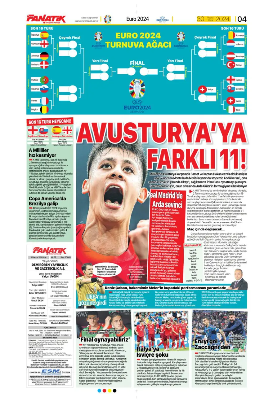"Avusturya'ya farklı 11" (30 Haziran 2024 spor manşetleri) 