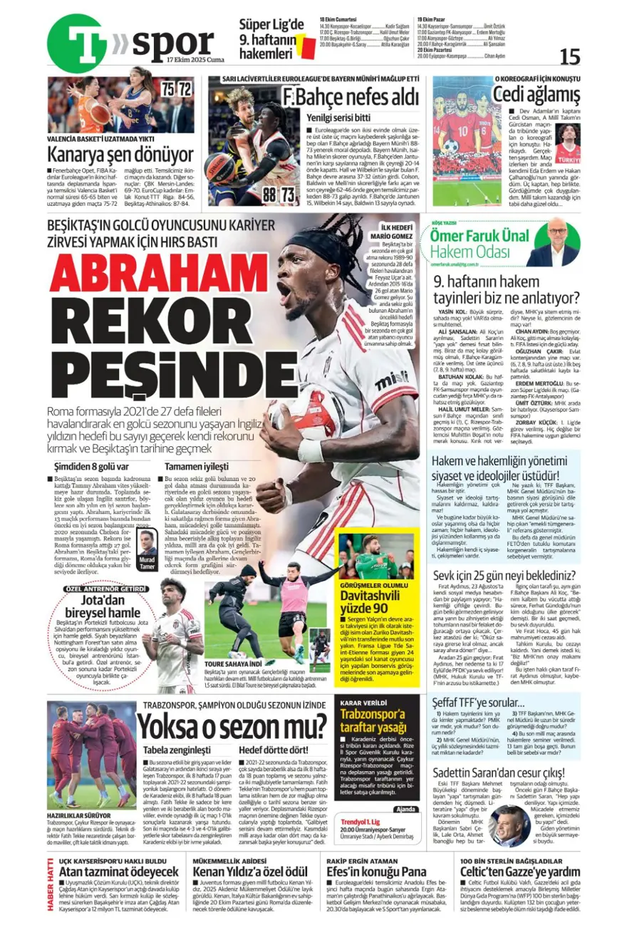 "Savic derbisi" (17 Ekim 2025 spor manşetleri) 18