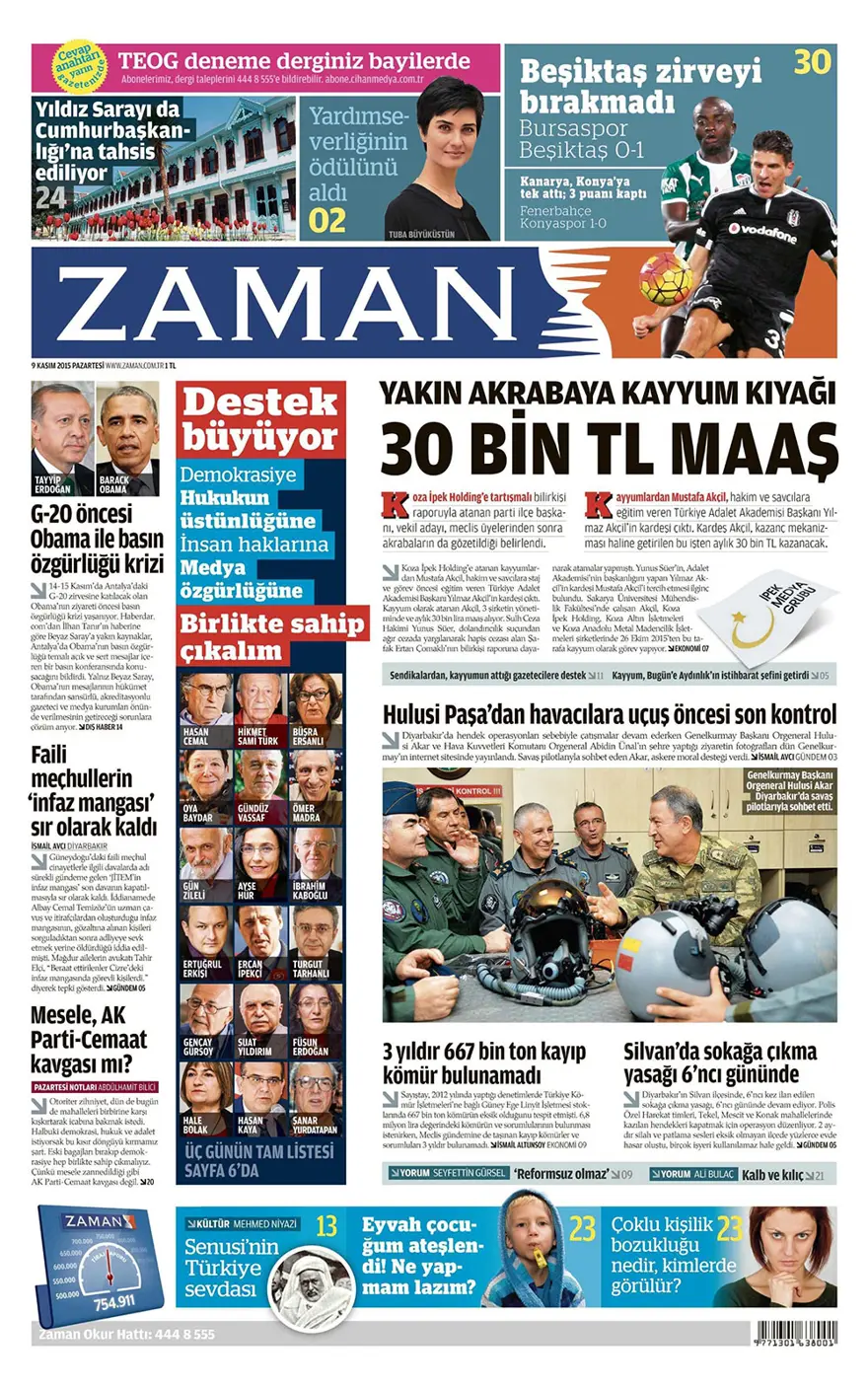 Günün gazete manşetleri - 9 Kasım 2015 18