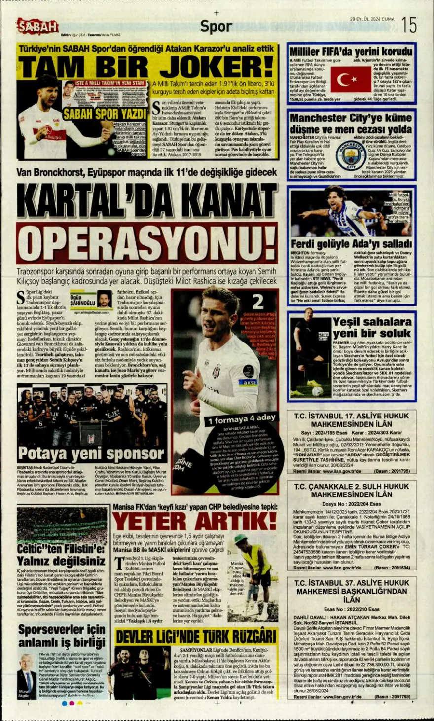 "520 milyon euroluk derbi" (20 Eylül 2024 spor manşetleri) 8