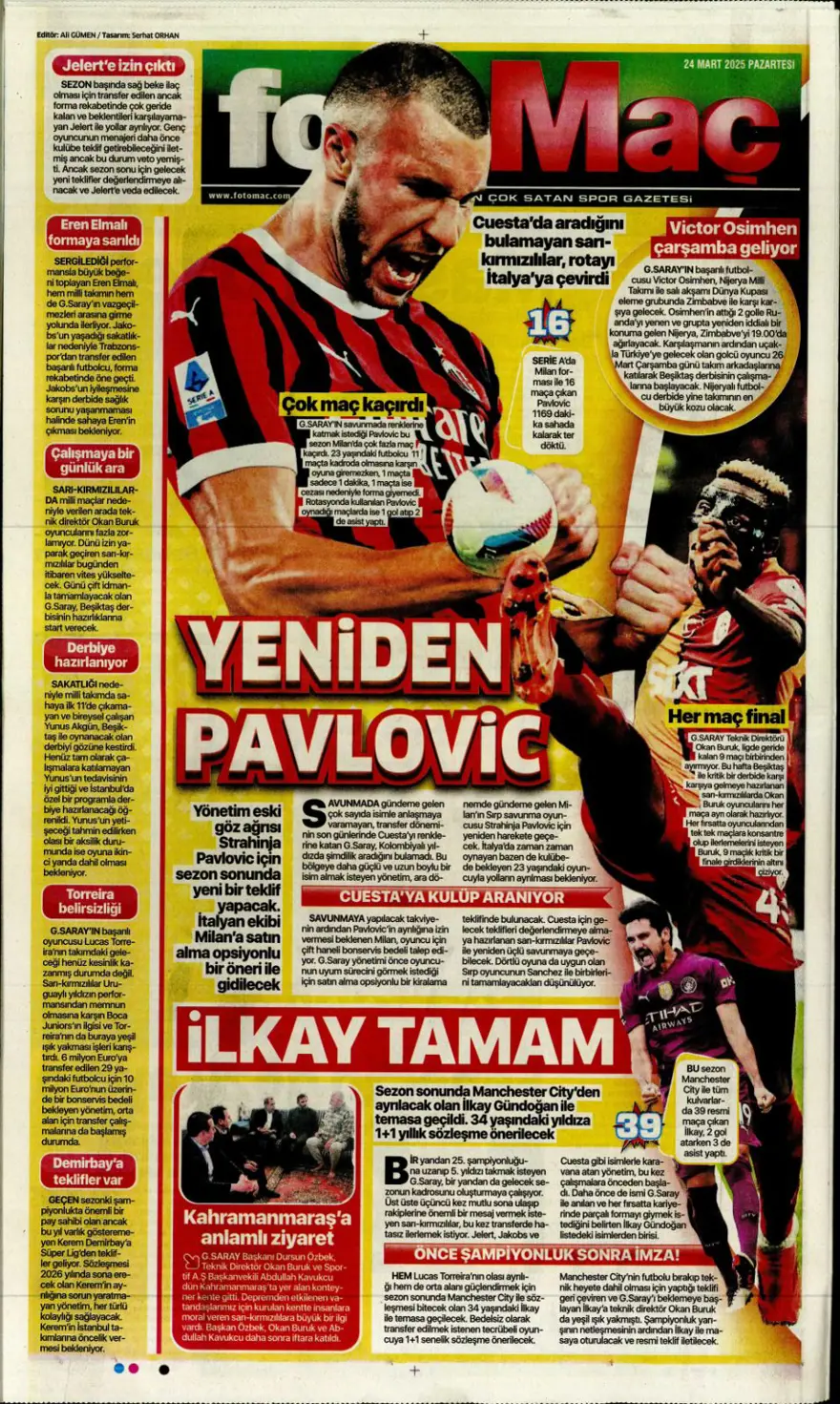 "Türkiye devler liginde" (24 Mart 2025 spor manşetleri) 5